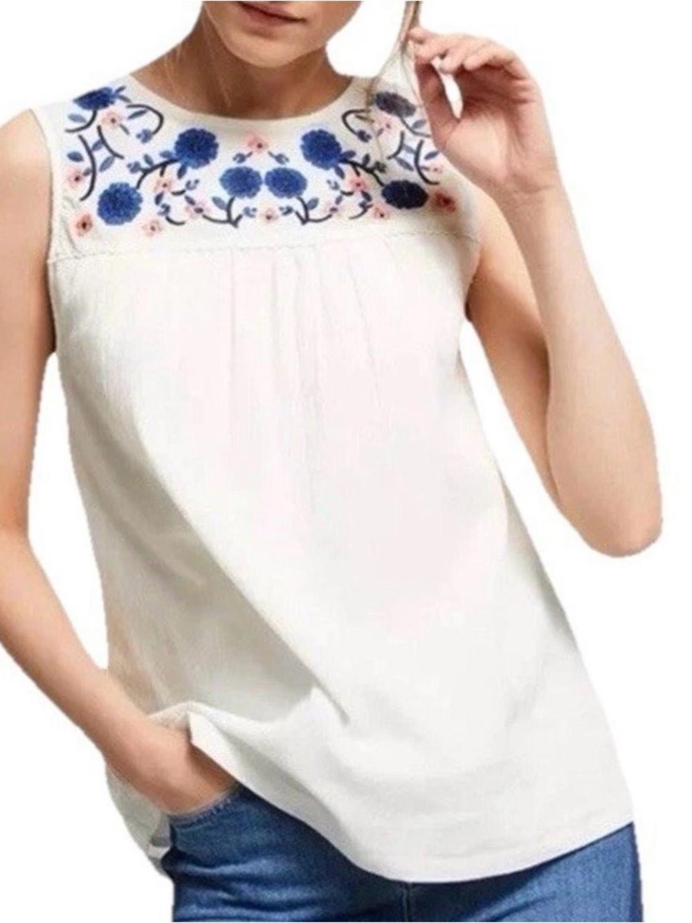 Boden Sleveless Cream Embroidered Yoke Top - Blue Floral Detail
